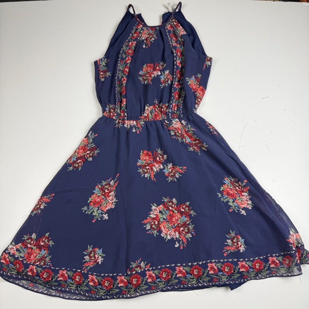 Joie Navy Blue Floral Halter Mini Dress Red Embroidery XS Sleeveless Chiffon